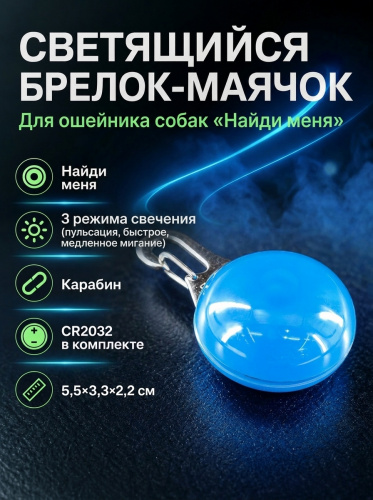 JG-004 Светящийся брелок-маячок на ошейник для собак «Найди меня» 3х5х2 см цвет синий