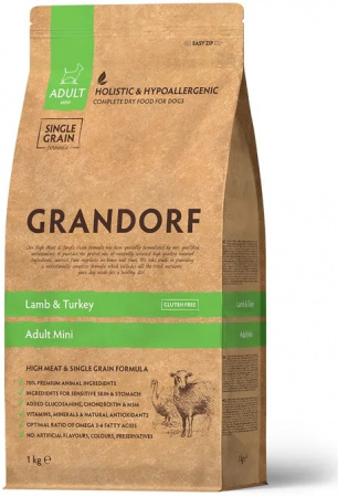 Сухой корм GRANDORF DOG для взрослых собак мелких пород, с чувствительным пищеварением или склонных к аллергии, ягнёнок с индейкой, 1 кг
