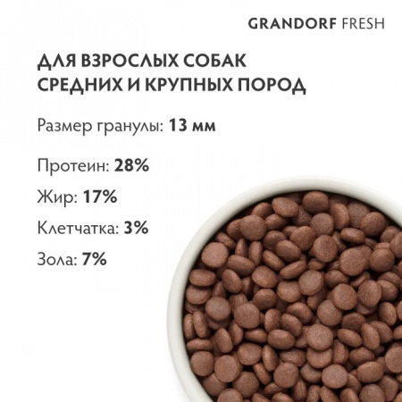 Сухой корм GRANDORF Fresh DOG, беззерновой, для взрослых собак средних и крупных пород, с чувствительным пищеварением или склонных к аллергии, ягненок и батат, 1 кг