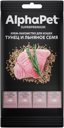 Лакомство-крем AlphaPet Superpremium для взрослых кошек, с тунцом и льняным семенем, 48г