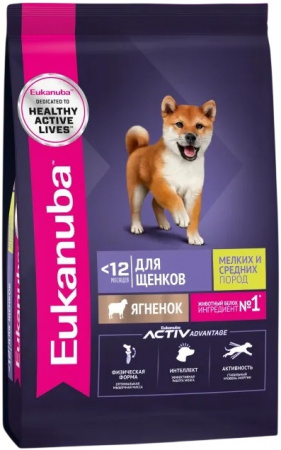 Сухой корм EUKANUBA для щенков мелких и средних пород до 12 месяцев, с ягненком, 3 кг