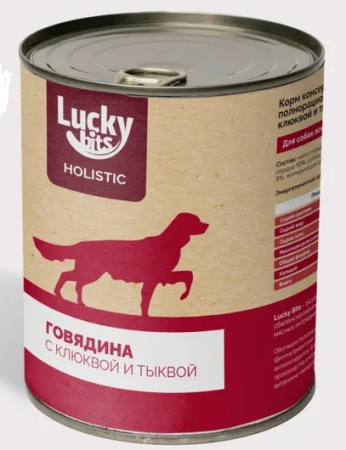 Влажный корм консервированный ж/б Lucky bits для собак, Говядина с клюквой и тыквой, 970г