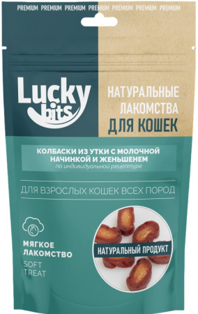 Лакомство Lucky bits для кошек, Колбаски из утки с молочной начинкой и женьшенем, 40г