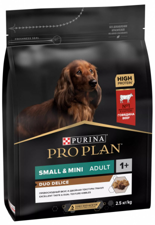 Сухой корм Purina PRO PLAN Duo Delice для взрослых собак мелких и карликовых пород, с двойной текстурой гранул, с говядиной, 2,5 кг