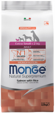 Сухой корм Monge Dog Speciality Line Monoprotein Extra Small для взрослых собак миниатюрных пород, с лососем и рисом, 2,5 кг