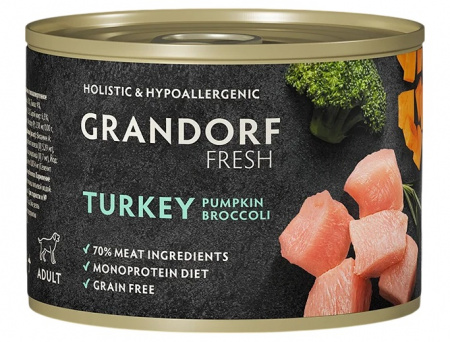 Влажный корм GRANDORF FRESH для собак всех возрастов, паштет из индейки с тыквой и брокколи, 200г