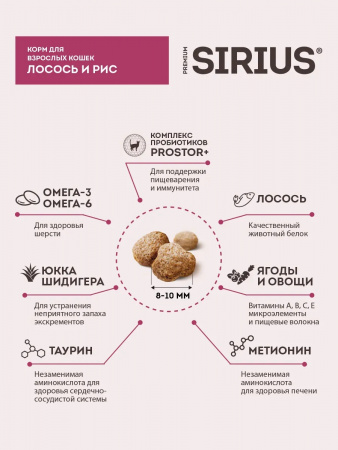 Сухой корм SIRIUS для взрослых кошек, с лососем и рисом, 400 г