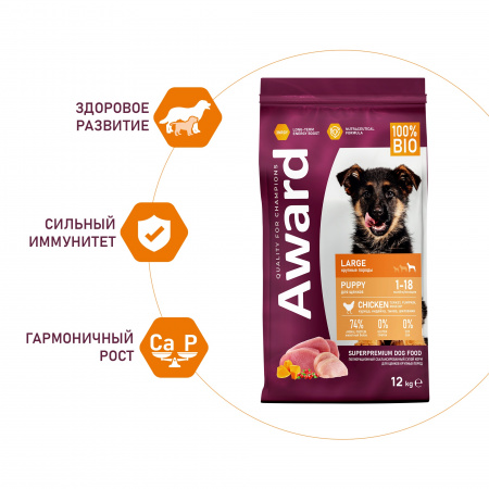 Сухой корм AWARD для щенков крупных пород, с курицей и индейкой, с добавлением тыквы и шиповника, 12 кг