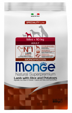 Сухой корм Monge Dog Speciality Line Monoprotein Mini для взрослых собак мелких пород, из ягненка с рисом и картофелем, 800 г