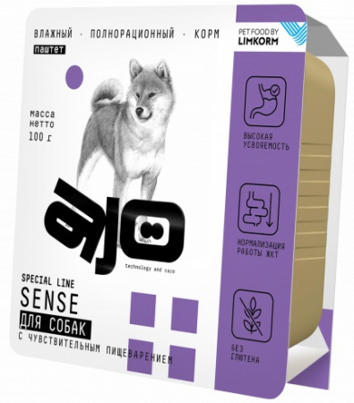 Влажный корм AJO Dog Sense для взрослых собак с чувствительным пищеварением, с курицей, паштет, 100г