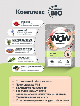 Влажный корм AlphaPet WOW Суперпремиум для взрослых кошек, паштет с кроликом, 85г