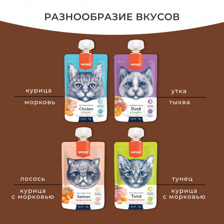 Лакомство Wanpy Cat для кошек, Мясной мусс из лосося и курицы с морковью, 90г