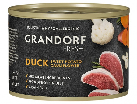 Влажный корм GRANDORF FRESH для собак всех возрастов, паштет из утки с бататом и цветной капустой, 200г