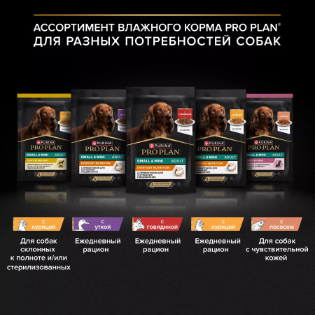 Влажный корм Purina PRO PLAN для взрослых собак мелких и карликовых пород, с чувствительной кожей, с лососем, 85г