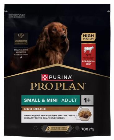Сухой корм Purina PRO PLAN Duo Delice для взрослых собак мелких и карликовых пород, с двойной текстурой гранул, с говядиной, 700 г