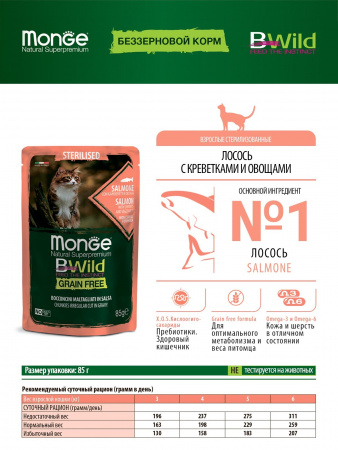 Влажный корм Monge Cat BWild GRAIN FREE для стерилизованных кошек, беззерновой, из лосося с креветками и овощами, 85г