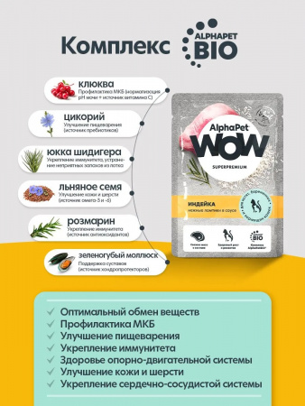 Влажный корм AlphaPet WOW Superpremium для котят, беременных и кормящих кошек, нежные ломтики индейки в соусе, 85г