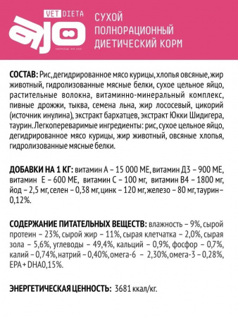 Сухой корм AJO Vet Dieta Gastro Low Fat для взрослых собак с пониженным содержанием жира при нарушениях пищеварения 800г
