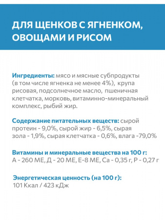 Влажный корм SIRIUS для щенков, ягненок, овощи, рис, 100г