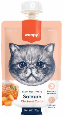 Лакомство Wanpy Cat для кошек, Мясной мусс из лосося и курицы с морковью, 90г