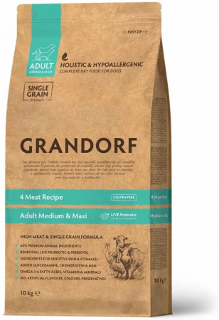 Сухой корм GRANDORF DOG для взрослых собак средних и крупных пород, с чувствительным пищеварением или склонных к аллергии, 4 вида мяса, 10 кг