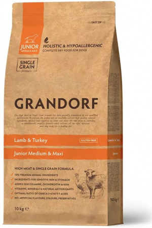 Сухой корм GRANDORF DOG Junior для юниоров средних и крупных пород, беременных и кормящих собак, ягнёнок с индейкой, 10 кг