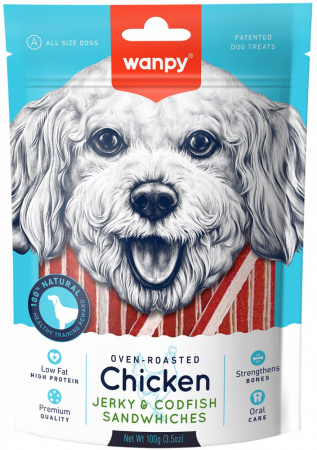 Лакомство Wanpy Dog для собак, курица с треской в форме сэндвича, 100г