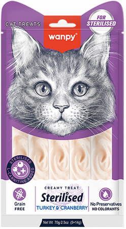 Лакомство Wanpy Cat для взрослых стерилизованных кошек, нежное пюре из тунца с клюквой, 70г