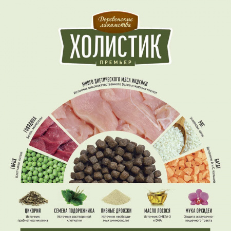 Сухой корм «Деревенские лакомства» Холистик премьер для взрослых собак мини-пород, индейка с рисом, 1 кг