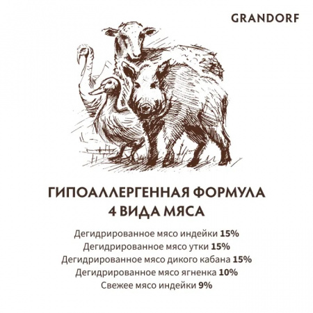 Сухой корм GRANDORF CAT для взрослых стерилизованных кошек, с чувствительным пищеварением или склонных к аллергии, 4 вида мяса, с пробиотиками, 400 г