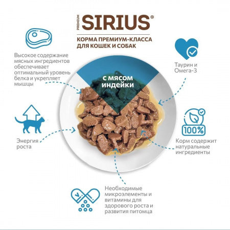 Влажный корм SIRIUS для котят, беременных и кормящих кошек, кусочки в соусе, с индейкой и курицей, 85г