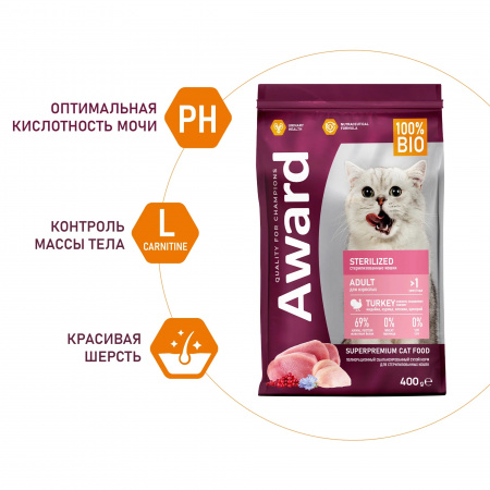 Сухой корм AWARD Sterilized для взрослых стерилизованных кошек, с индейкой и курицей, с добавлением клюквы и цикория, 400 г