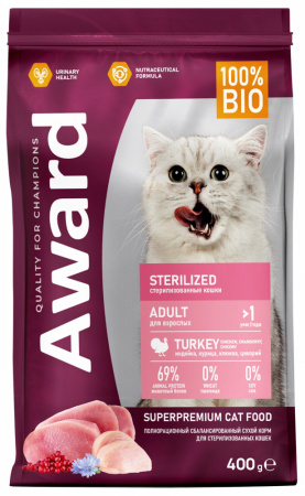 Сухой корм AWARD Sterilized для взрослых стерилизованных кошек, с индейкой и курицей, с добавлением клюквы и цикория, 400 г