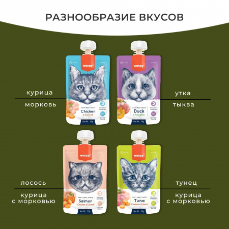 Лакомство Wanpy Cat для кошек, Мясной мусс из тунца и курицы с морковью, 90г