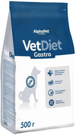 Сухой корм AlphaPet VetDiet Gastro для взрослых собак, при острых расстройствах пищеварения, в реабилитационный период и при истощении, с индейкой, 500г