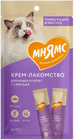 Лакомство-крем Мнямс для кошек, с тунцом Кацуо и Магуро, 4х15г