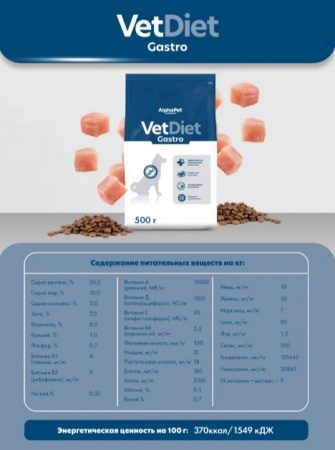 Сухой корм AlphaPet VetDiet Gastro для взрослых собак, при острых расстройствах пищеварения, в реабилитационный период и при истощении, с индейкой, 500г
