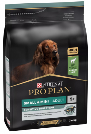 Сухой корм Purina PRO PLAN Sensitive Digestion для взрослых собак мелких и карликовых пород, с чувствительным пищеварением, с ягненком, 3 кг