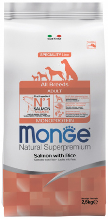 Сухой корм Monge Dog Speciality Line Monoprotein для взрослых собак всех пород, из лосося с рисом, 2,5 кг