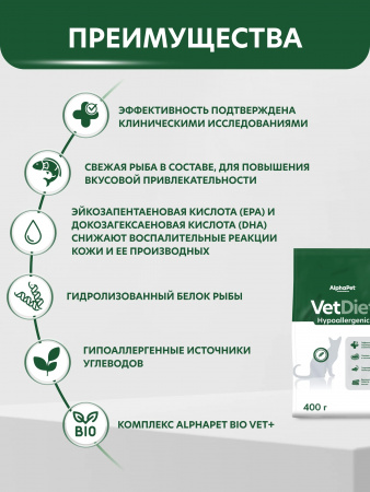 Сухой корм AlphaPet VetDiet Hypoallergenic для взрослых кошек, при пищевой аллергии и непереносимости, с белой рыбой, 400г