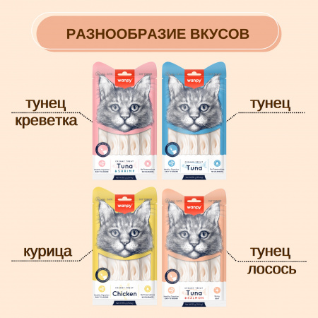 Лакомство Wanpy Cat для взрослых кошек, Нежное пюре из тунца и лосося, 25х14г