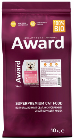 Сухой корм AWARD Sterilized для взрослых стерилизованных кошек, с индейкой и курицей, с добавлением клюквы и цикория, 10 кг