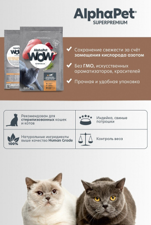 Сухой корм AlphaPet WOW Superpremium для стерилизованных кошек, с индейкой и потрошками, 350г