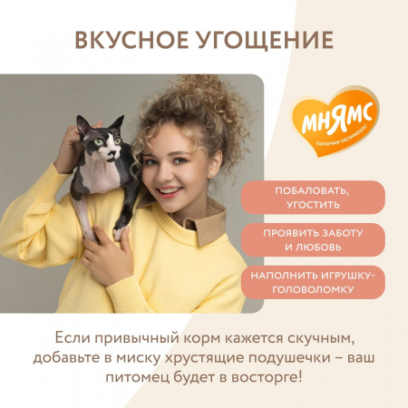 Лакомство Мнямс для взрослых кошек, хрустящие подушечки "Здоровье и красота", с лососем, 60г