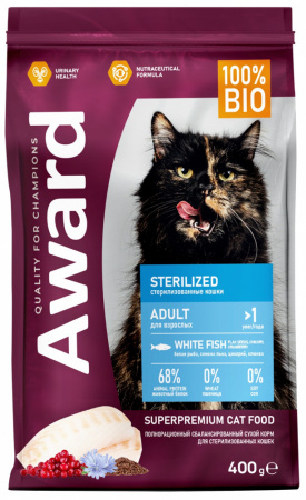 Сухой корм AWARD Sterilized для взрослых стерилизованных кошек, с белой рыбой, с добавлением семян льна, клюквы и цикория, 400 г
