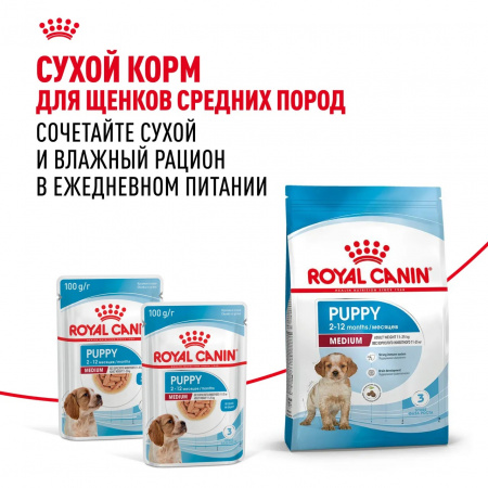 Влажный корм ROYAL CANIN Medium Puppy для щенков средних пород до 12 месяцев, кусочки в соусе, 100г