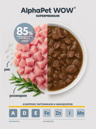 Влажный корм AlphaPet WOW Superpremium для котят, беременных и кормящих кошек, нежные ломтики индейки в соусе, 85г