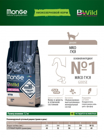 Сухой корм Monge Cat BWild LOW GRAIN Kitten для котят и беременных кошек, из мяса гуся, 1,5 кг