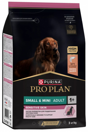 Сухой корм Purina PRO PLAN Sensitive Skin для взрослых собак мелких и карликовых пород, с чувствительной кожей, с лососем, 3 кг