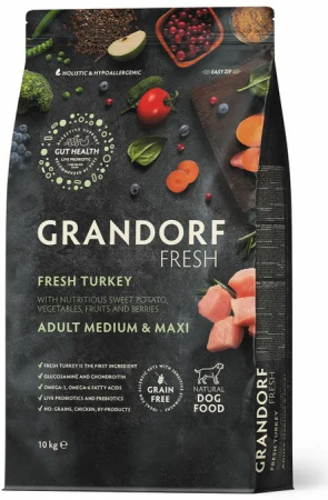 Сухой корм GRANDORF Fresh DOG, беззерновой, для взрослых особо аллергичных собак средних и крупных пород, с чувствительным пищеварением, индейка и батат, 10 кг